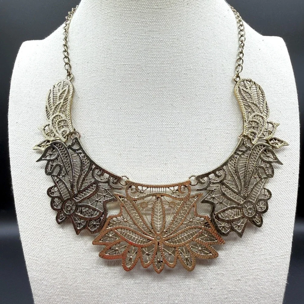 Antique Gold Tone Filigree Floral Bib Necklace Boho Statement Festival Jewelry